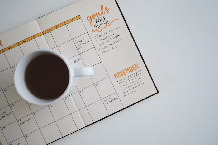 Pemandangan dekat kalender November dengan catatan tujuan dan cangkir kopi.
