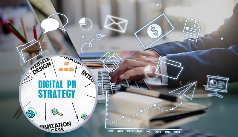 Ilustrasi strategi promosi digital dengan elemen grafis dan tangan mengetik.