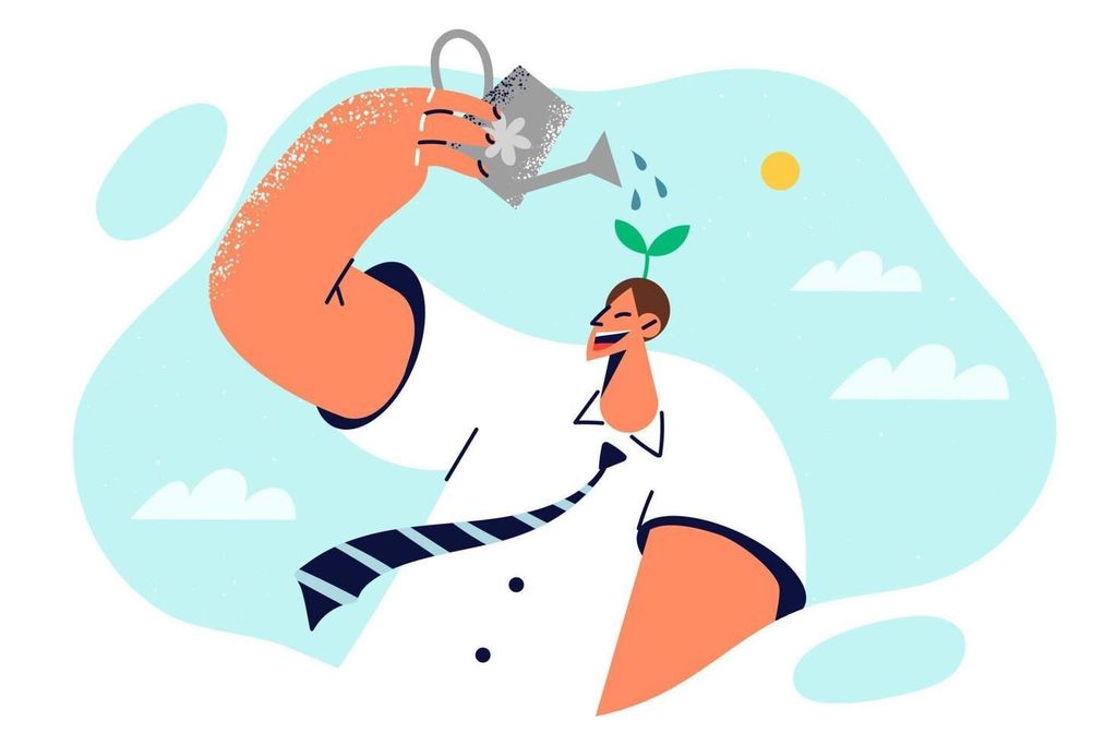 Ilustrasi seorang pria yang tumbuh menjadi pohon di bawah sinar matahari.