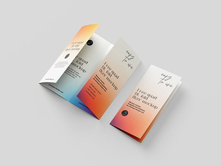 Desain brosur empat lipat dengan warna cerah dan efek ombre.