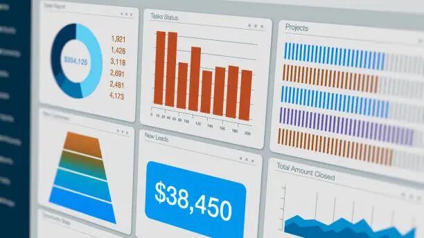 Tampilan dashboard dengan grafik dan angka keuangan.