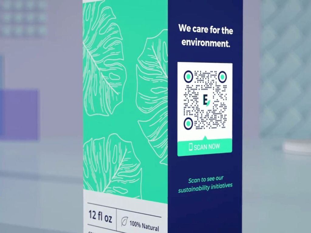 Kemasan produk dengan QR Code dan tagline 'We care for the environment.'