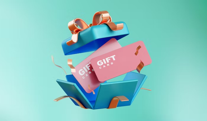 Paket hadiah elegan dengan kartu gift card dan kotak unik.