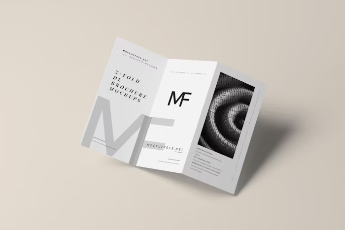 Brosur lipat dua dengan desain modern dan minimalis, cocok untuk promosi bisnis.