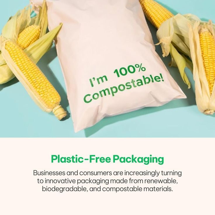 Paket kompostibel dengan tulisan 'I'm 100% Compostable!' dan jagung di sekelilingnya.