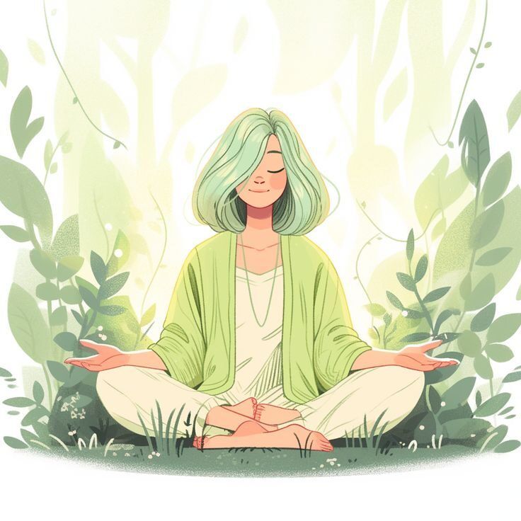 Ilustrasi wanita meditasi di tengah hutan hijau