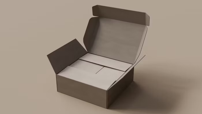 Kotak kardus terbuka dengan desain minimalis, cocok untuk percetakan online.