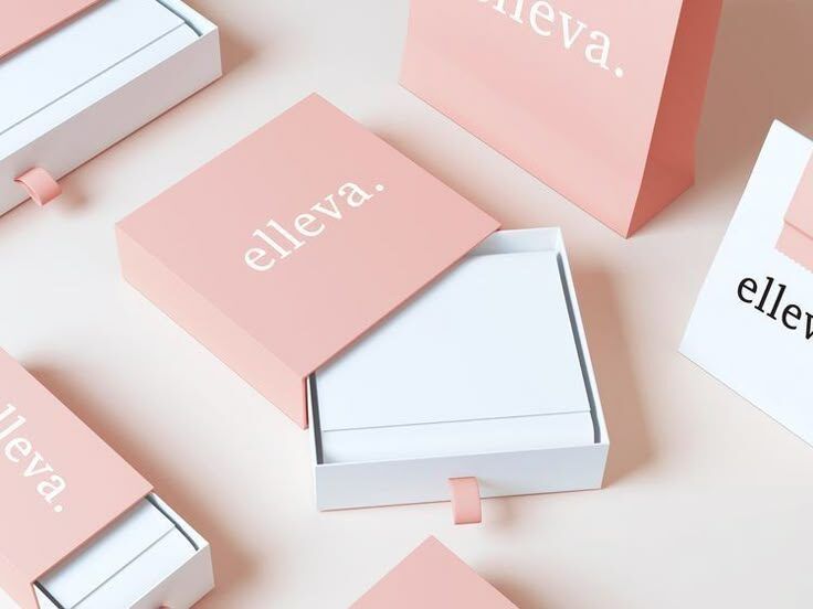 Rancangan kotak kemasan Elleva dalam warna pastel, ideal untuk branding premium.