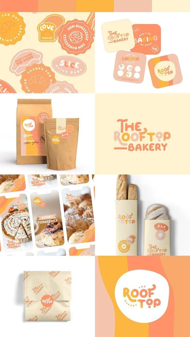 Desain branding untuk The Rooftop Bakery dengan elemen visual menarik dan warna hangat.