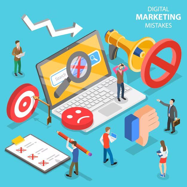 Ilustrasi isometrik tentang tantangan pemasaran digital, relevan dengan kebutuhan memakai kemasan cetak sebagai promosi yang lebih efisien.