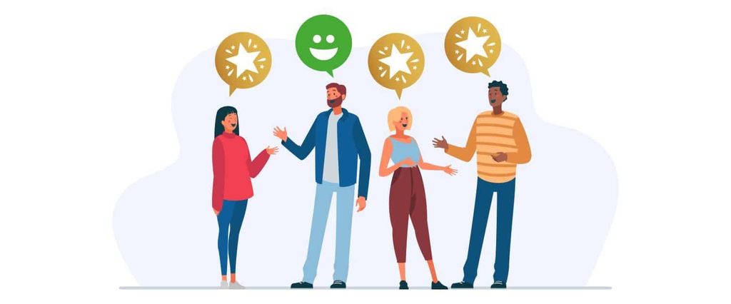 Empat orang berdiskusi di depan ikon bintang dan emoji senang.