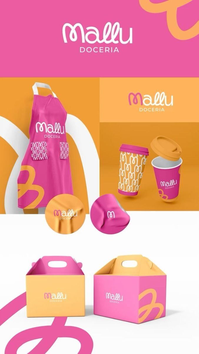 Rangkaian produk branding Mallu Doceria dengan elemen visual dan logo.