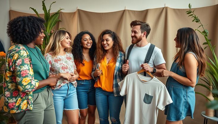 Grup orang berbagi t-shirt hasil percetakan online di Uprint.id