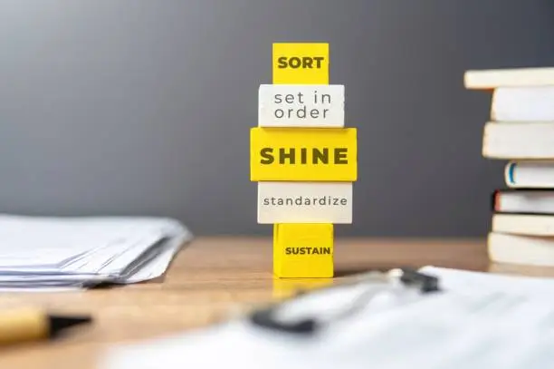 Blok warna bertuliskan sort, set in order, shine, standardize, dan sustain untuk ilustrasi checklist file desain yang rapi sebelum cetak