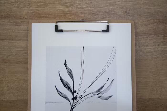 Ilustrasi daun hitam putih sederhana di atas clipboard.