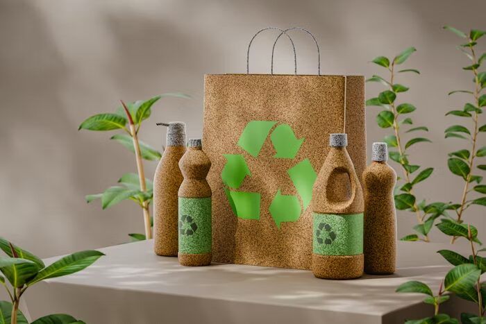 Botol tempat tumbuh bambu dengan logo lingkaran hijau dan daun bambu di sekelilingnya.