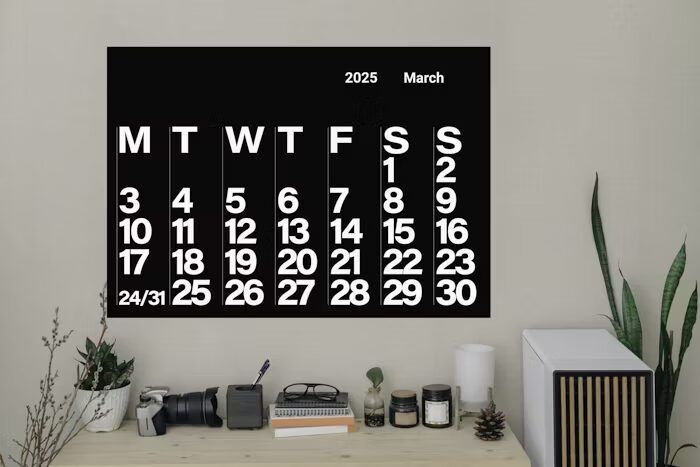 Kalender digital bulan Maret tahun 2025 dengan tampilan minimalis.