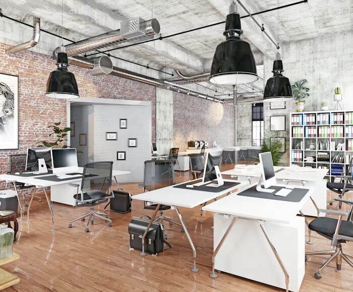 Interior kantor modern dengan meja kerja, lampu gantung, dan rak buku.