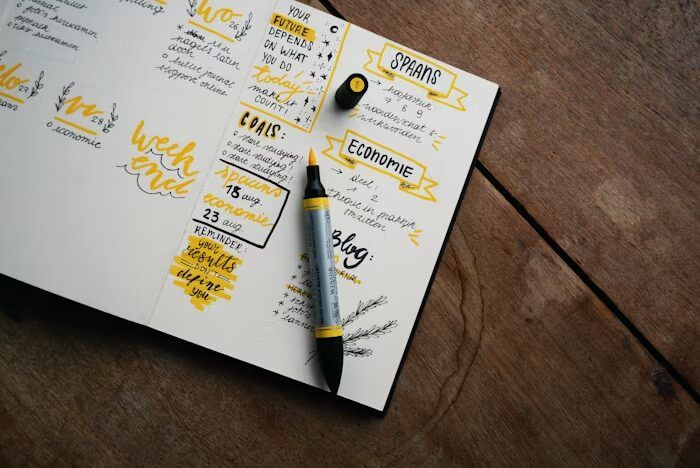Notebook terbuka dengan planner berwarna kuning dan abu-abu di atas meja kayu.