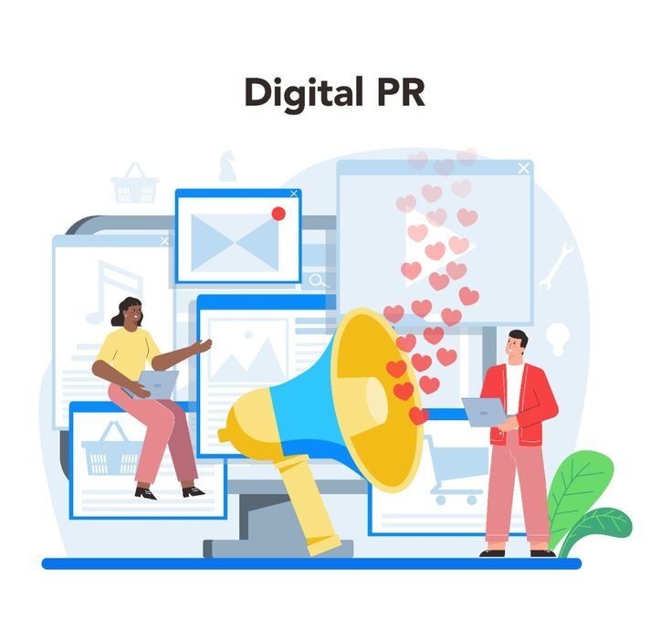Ilustrasi strategi promosi digital dengan megafon untuk menggambarkan distribusi giveaway dan jangkauan brand.