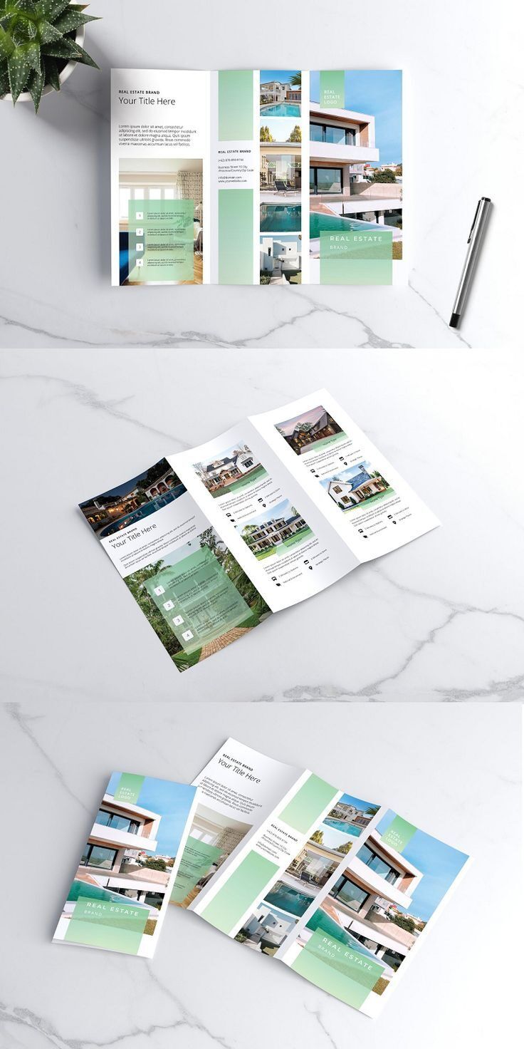 Brosur tri-fold modern dengan foto properti dan informasi tentang layanan percetakan.