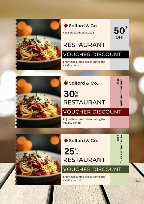 Uprint.id voucher discount for restaurant with various discount percentages and Salford & Co. branding.