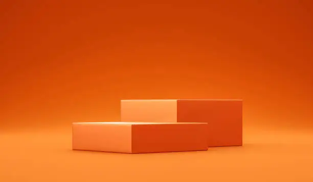 Podium minimalis berwarna oranye di ruang kosong, cocok untuk presentasi atau foto produk.