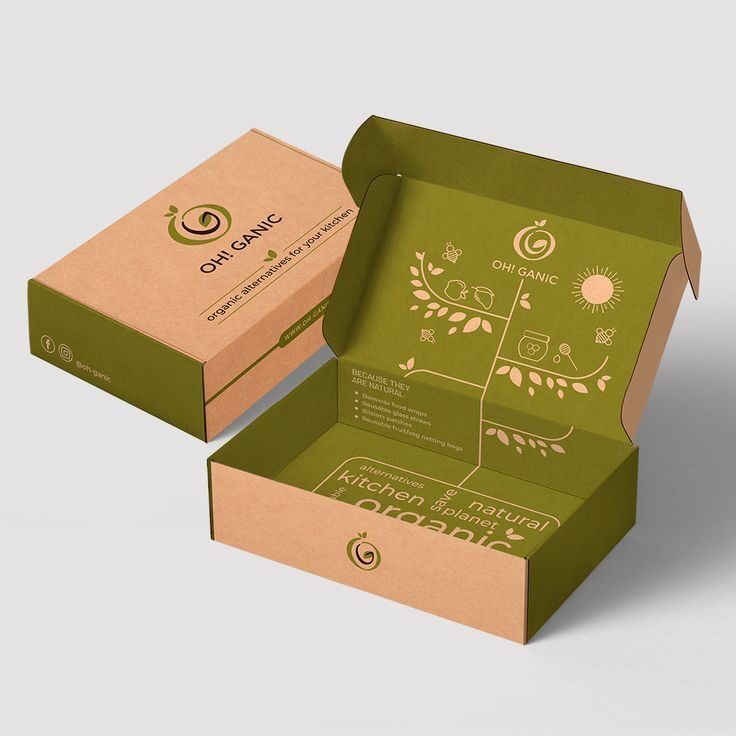 Kotak kraft dan hijau 'Oh! Ganic' dengan desain ramah lingkungan.