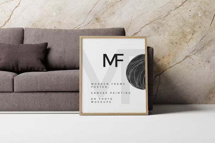 Poster kayu minimalis dengan logo MF dan deskripsi produk