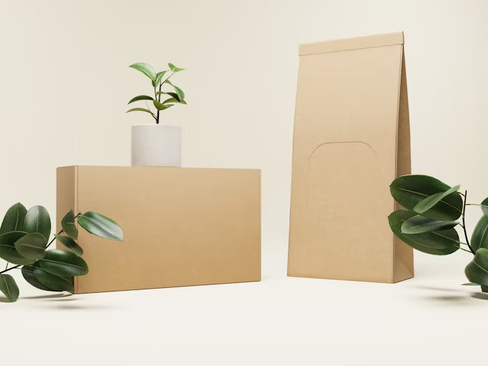 Paket percetakan kraft dengan pot tanaman dan daun hijau yang menunjukkan branding alami dan rapi pada kemasan cetak.