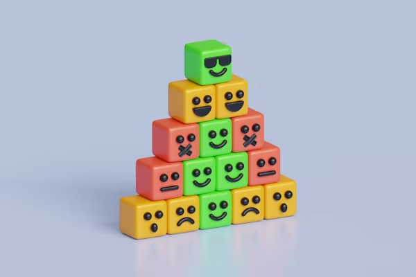Piramida blok warna-warni dengan emoji lucu, ideal untuk desain grafis.