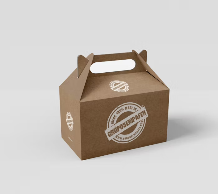Karton kraft dengan tangan genggam dan logo Gruposerpaper