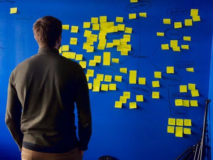 Orang berdiri di depan dinding biru yang dipenuhi dengan post-it kuning.