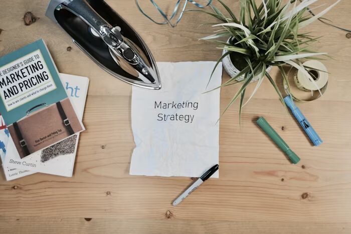Tas putih bertuliskan 'Marketing Strategy' di meja kayu dengan alat-alat percetakan