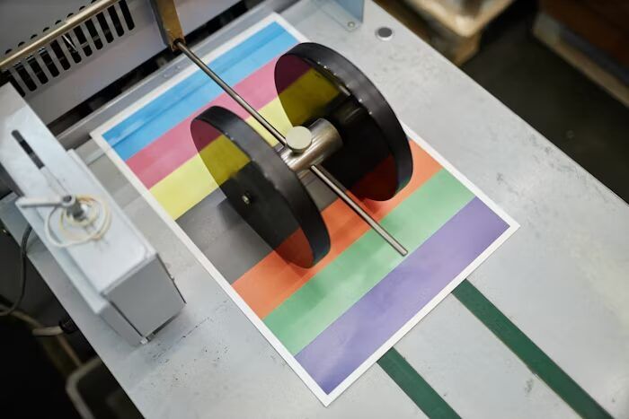 Mesin cetak sedang mencetak warna-warna cerah pada kertas.