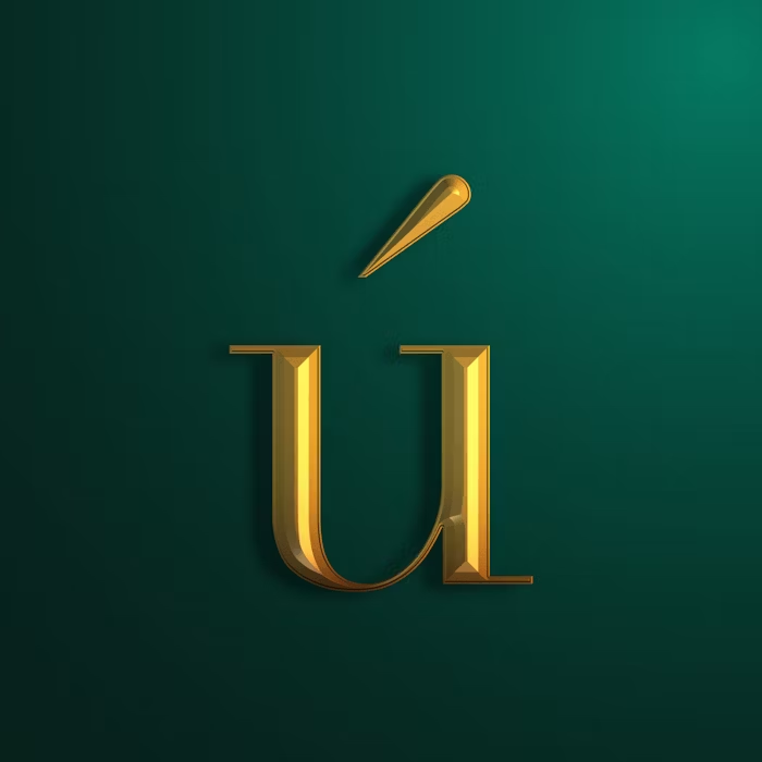 Logo 3D emas dengan tanda Ú, desain elegan untuk identitas perusahaan.