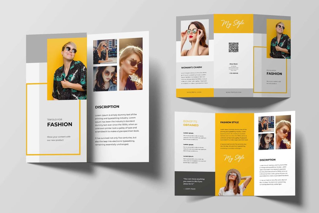 Desain brosur fashion modern dengan warna kuning dan putih, cocok untuk promosi produk fashion.