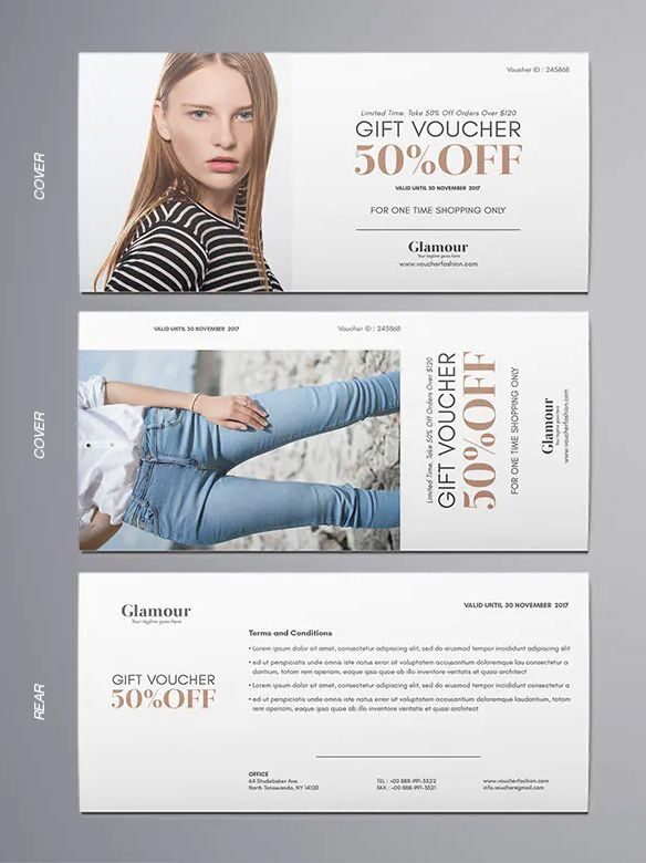 Desain voucher diskon 50% untuk belanja sekali di Glamour
