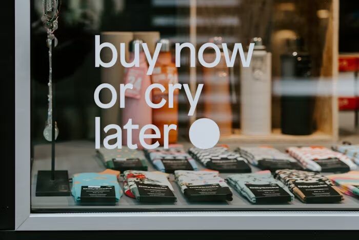 Toko dengan poster 'buy now or cry later' dan produk percetakan.