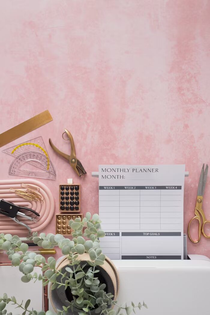 Ruang kerja minimalis dengan planner bulanan, alat-alat kantor, dan pot tanaman.
