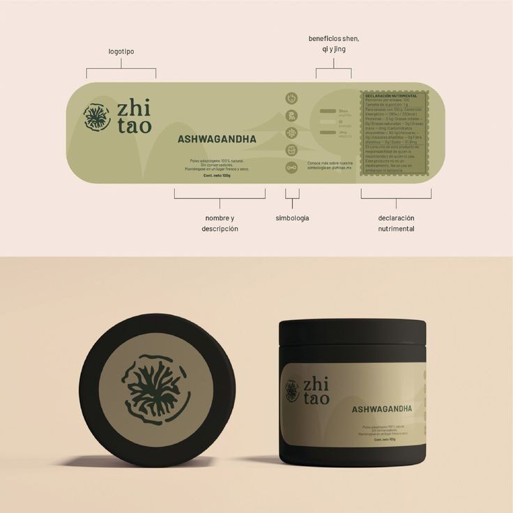 Desain label produk Zhi Tao Ashwagandha dengan logo dan informasi nutrisional.