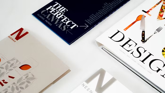 Tampak dekat buku dan brosur dengan desain profesional, mencerminkan industri percetakan modern.