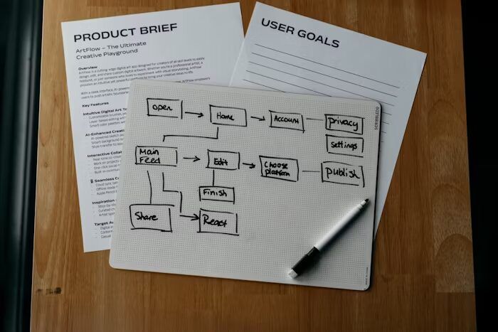 Gambar menunjukkan lembaran kertas 'PRODUCT BRIEF' dan 'USER GOALS' bersama dengan skema interaksi digital dan pena.