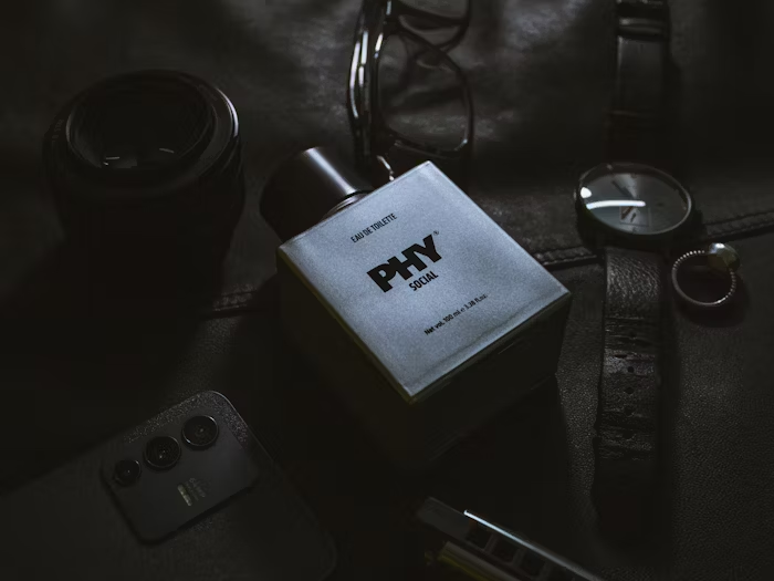 Perfume 'PHY Social' dalam kotak hitam dengan aksesori kulit dan kamera di sekitarnya.