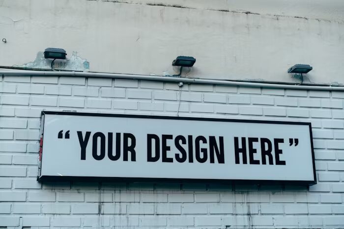 Tanda besar bertuliskan 'YOUR DESIGN HERE' di dinding bangunan.