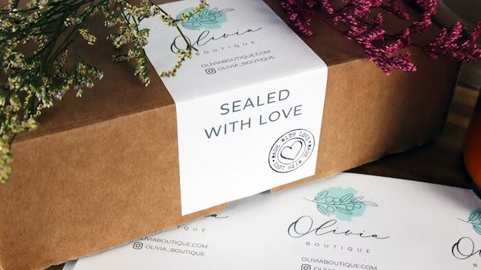Paket kraft dengan label 'Sealed with Love' dan bunga dekoratif.