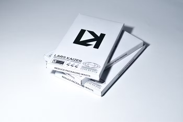 Tiga kotak percetakan online bersusun rapi sebagai ilustrasi kesiapan produksi packaging ramah lingkungan untuk brand modern.