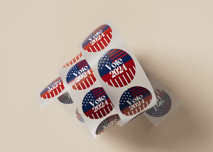 Stiker pemilu berbentuk bulat dengan tema Amerika Serikat dan tulisan 'Vote 2024'.