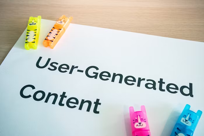 Lembar kertas bertuliskan User-Generated Content yang menggambarkan proses menyusun isi booklet agar pesan promosi lebih terarah.
