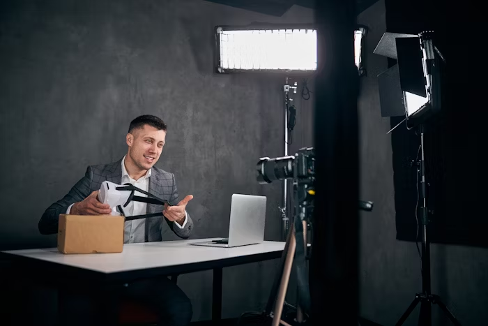 Pria sedang menunjukkan produk di studio fotografi.
